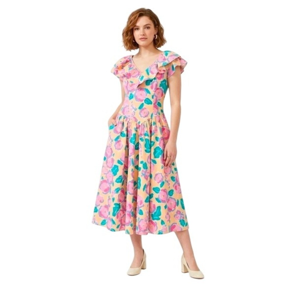 Laura Ashley Vintage Floral Ruffle Midi Dress Pink Yellow Cotton Size 8 vtg